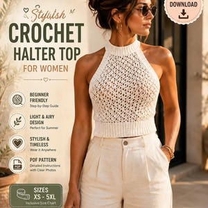Crochet Halter Top Pattern PDF, High Neck Mesh Tank Top Tutorial, Beginner Crochet Top, Summer Crop Top