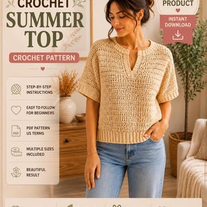 Crochet Sweater Pattern for Women, Easy Short Sleeve Crochet Top Pattern, Split Neck Pullover, Summer Crochet Shirt PDF Pattern