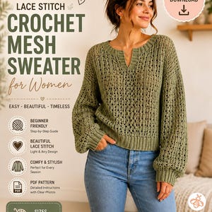 Op de afbeelding: Een saliegroene gehaakte trui met een mesh-patroon, geribbelde halslijn en boorden, getoond in een advertentie voor een digitaal patroon. De tekst bevat Crochet Pattern, Lace Stitch, Crochet Mesh Sweater for Women en maten XS-5XL.