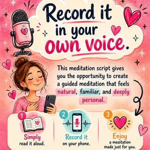 May include: A digital illustration featuring a microphone and a person holding a smartphone, with text that reads: Record it in your own voice. This meditation script gives you the opportunity to create a guided meditation that feels natural, familiar, and deeply personal. Steps include: 1. Simply read it aloud, 2. Record it on your phone, 3. Enjoy a meditation made just for you.