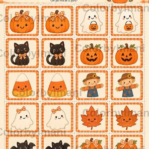 May include: A printable Little Pumpkin Memory Match game sheet featuring 24 square cards with orange checkered borders. The cards display pairs of Halloween-themed illustrations including pumpkins, ghosts, black cats, jack-o'-lanterns, candy corn, scarecrows, leaves, bats, mummies, and cauldrons.