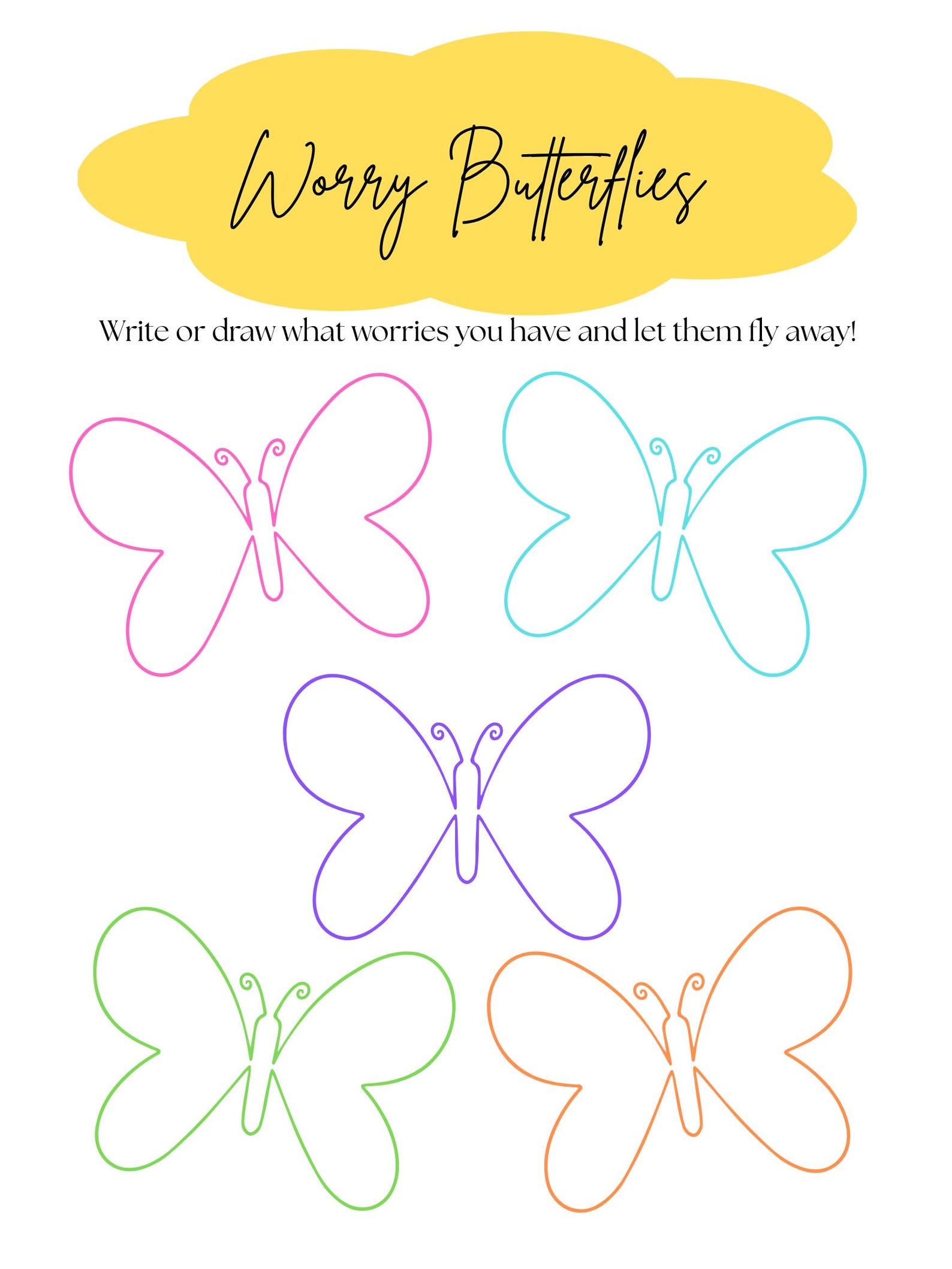 Worry Fly Worry Butterflies Activity Sheet (instant Download) – Youth Therapy ...