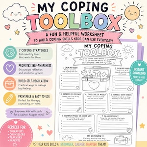 Op de afbeelding: Een printbaar werkblad getiteld My Coping Toolbox met zeven secties voor kinderen om strategieën voor emotionele regulatie te noteren. Het zwart-wit document bevat illustraties van een gereedschapskist, een zon en wolken met tekstuele aanwijzingen.