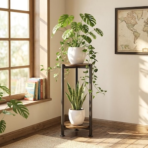 May include: A two-tier plant stand featuring a dark metal frame and two circular wooden shelves. The top shelf holds a white pot with a large green monstera plant, while the bottom shelf holds a white pot with a green and yellow snake plant.