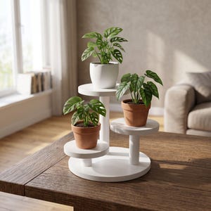 May include: A white tiered plant stand with three circular platforms at varying heights. The stand holds three potted plants: one in a white ceramic pot on the top tier and two in terracotta pots on the lower tiers, featuring green leaves.
