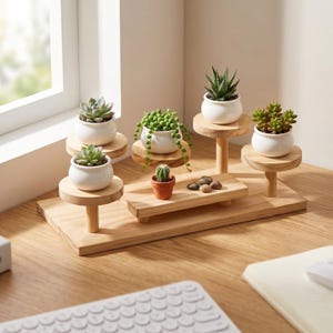 May include: A tiered wooden display stand featuring five white ceramic pots containing various succulents and a small terracotta pot with a cactus. The stand includes multiple circular and rectangular platforms of varying heights on a base.