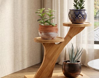 Handmade 2 -Tier Bamboo Wooden Table Plant Stand Indoor Wall Planter For Decoration Wood Small Plant Shelf