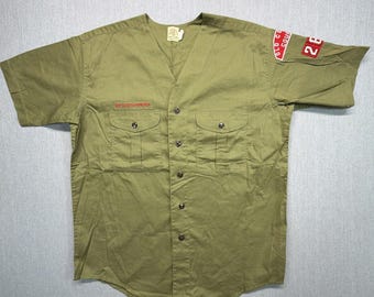 Vintage Boy Scouts Of America Shirt Mens Green Patch Sanforized  Button Up