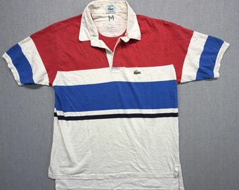 Polo Izod Lacoste vintage, fabricado en EE. UU., a rayas, años 90, rojo, blanco y azul, talla M, estilo rugby.