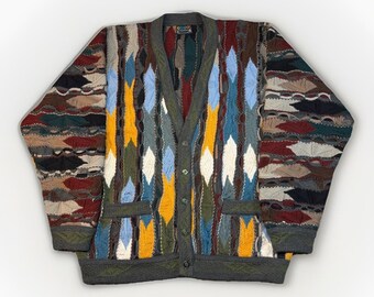 Jersey de lana de punto 3D Coogi multicolor talla XL cárdigan con botones estilo vintage de los 90