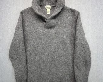 LL Bean Mens Shetland Wool Shawl Neck Fleck Sweater Large Elbow Pads