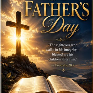 Puede incluir: Una tarjeta de felicitación del Día del Padre con una cruz dorada en una colina rocosa bajo un cielo al atardecer. Una Biblia abierta descansa en primer plano. El texto dice: Happy Father's Day, y The righteous who walks in his integrity—blessed are his children after him. Proverbs 20:7.