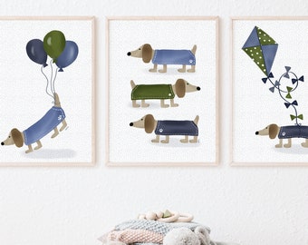 ダックスフントの遊び時間 ブルーアートプリント3枚セット、男の子用保育園用ウォールアート、犬プリントトリオ、子供部屋の装飾、気まぐれなソーセージ犬のアート、男の子用ギフト