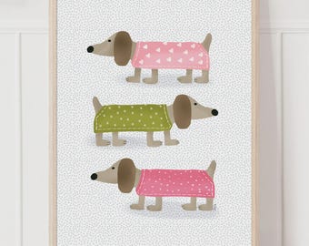 ダックスフントトリオ ウォールアートプリント - ピンクとグリーンの犬のイラスト、気まぐれな保育園の装飾、遊び心のある子供部屋アート、女の子の赤ちゃんへのギフト、