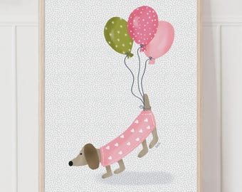 風船とダックスフントのウォールアートプリント - ピンクとグリーンの犬のイラスト、気まぐれな保育園の装飾、遊び心のある子供部屋アート、女の子の赤ちゃんへのギフト