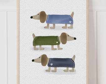 ダックスフントトリオのウォールアートプリント - 青と緑の犬のイラスト、気まぐれな子供部屋の装飾、遊び心のある子供部屋アート、ベビーシャワーギフト、かわいい犬