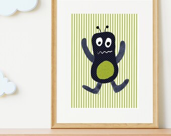 Friendly Monster Art Print Green Stripes, Cute Monster Nursery Art Print, Kids Room Monster Art Print, Nursery Decor, Kids Bedroom Decor