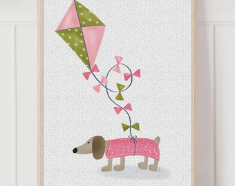 凧とダックスフントのウォールアートプリント - ピンクとグリーンの犬のイラスト、気まぐれな保育園の装飾、遊び心のある子供部屋アート、女の子の赤ちゃんへのギフト