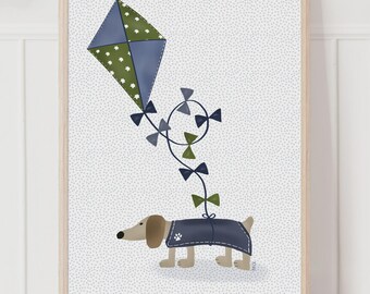 凧とダックスフントのウォールアートプリント - 青と緑の犬のイラスト、気まぐれな保育園の装飾、遊び心のある子供部屋のアート、ベビーシャワーのギフト