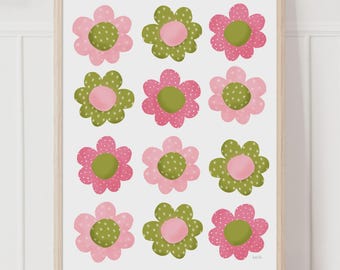 ピンクとグリーンの花のウォールアートプリント - 気まぐれな花のイラスト、遊び心のある子供部屋の装飾、女の子向けのモダンな保育園アート、女の子の赤ちゃんへのギフト