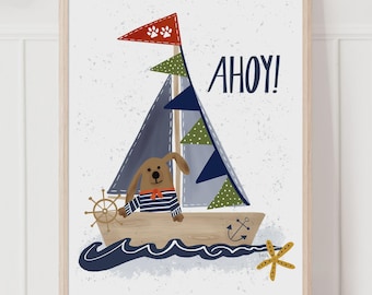 アホイ 保育園用ウォールアートプリント、帆船の保育園用アート、海をテーマにした保育園用装飾、かわいい犬のアートプリント、男の子の寝室用アート、海をテーマにした保育園用装飾