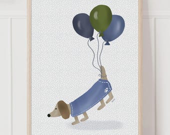ダックスフントのバルーンドッグウォールアートプリント - 青と緑の子供部屋の装飾、気まぐれな犬のイラスト、遊び心のある子供部屋、赤ちゃんや幼児へのギフト