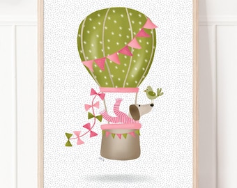 ダックスフントの熱気球ウォールアートプリント - ピンクとグリーンの犬のイラスト、気まぐれな子供部屋の装飾、遊び心のある子供部屋アート、女の子の赤ちゃんへのギフト