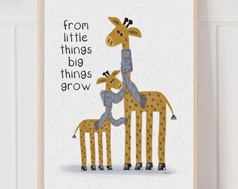 小さなものから大きなものまで、壁掛けアートプリント - キリンのイラスト、保育園の名言プリント、ニュートラルな子供部屋の装飾、かわいいベビーギフトのアイデア