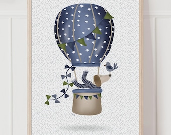 ダックスフントの熱気球ウォールアートプリント - 青と緑の犬のイラスト、気まぐれな子供部屋の装飾、遊び心のある子供部屋アート、男の子へのギフト