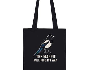 Bolso tote negro con estampado de urraca y cita – 100% algodón, diseño ecológico.