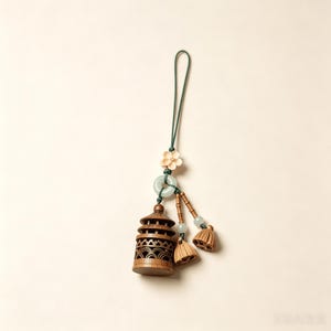 May include: A decorative hanging charm featuring a carved wooden pagoda-shaped bell, a light green jade ring, a small cream-colored flower bead, and two wooden lotus pod pendants suspended from a dark green cord with small light green beads.