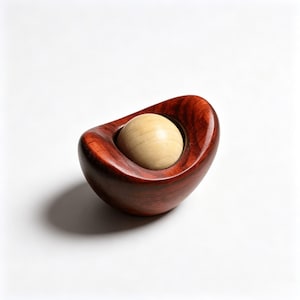 May include: A smooth, dark reddish-brown wooden bowl with a curved, organic shape containing a single, polished light beige wooden sphere nestled securely within its center, showcasing natural wood grain patterns throughout the object.