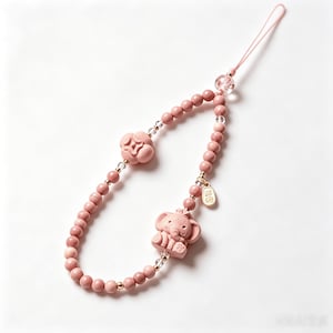 Hand-Carved Pink Elephant Phone Lanyard, Peach Blossom Wood Bead Charm, Minimalist Oriental Style Wristlet