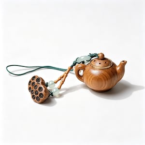 Llavero de tetera de madera, dije de borla de jade con vaina de semilla de loto, regalo para un amigo.