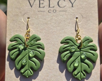 Handmade Monstera Leaf Earrings | Polymer Clay Botanical Dangle Jewelry