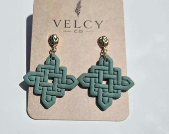 Sage Green Celtic Knot Polymer Clay Earrings – Boho Gold Accent Jewelry