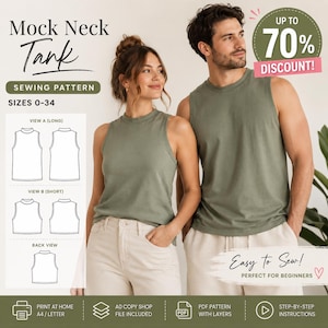Op de afbeelding: Een digitaal naaipatroon voor een tanktop met een mock neck, in de maten 0-34. De afbeelding toont twee personen in olijfgroene mouwloze tanktops, met technische lijntekeningen van de lange en korte versies en een achteraanzicht.