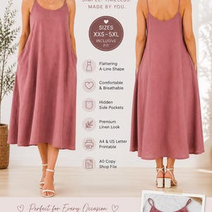 May include: A dusty rose linen dress with thin spaghetti straps, a scoop neckline, and an A-line silhouette featuring side pockets. The graphic includes text: Linen Dress, Sew your new favorite dress, SIMPLE. TIMELESS. MADE BY YOU., SIZES XXS-5XL.