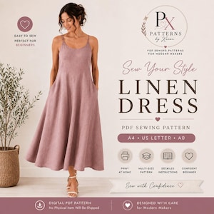 Schnittmuster für ein Leinen-Sommerkleid | Locker geschnittenes Maxikleid mit Spaghettiträgern und Taschen (PDF-Download)