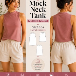Può includere: Un cartamodello PDF per una canotta a collo alto, con il testo 70% DISCOUNT, Women's Mock Neck Tank, PDF SEWING PATTERN, SIZES 0-34, 3 VIEWS INCLUDED, EASY TO SEW, BEGINNER FRIENDLY, PRINT AT HOME, LAYERED SIZES, STEP-BY-STEP PHOTO INSTRUCTIONS.