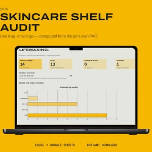 May include: A laptop screen displaying a digital skincare shelf audit dashboard with a yellow background. The interface includes text headers, data boxes for products owned, in use, and expiring, and a horizontal bar chart titled Products by verdict.