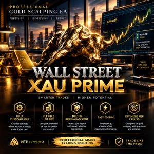 Può includere: Un grafico digitale per Professional Gold Scalping EA Wall Street XAU Prime con un toro dorato, lingotti d'oro e un monitor che mostra grafici XAUUSD. Il testo include "Precision, Discipline, Profit" e "Smarter Trades, Higher Potential" con icone delle funzioni.