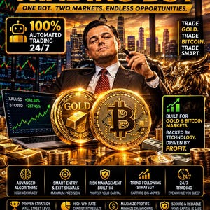 Può includere: Una grafica promozionale per un bot di trading di oro e Bitcoin con un uomo in abito, un portatile con grafici di mercato, lingotti d'oro e monete. Il testo include: WALL STREET STRATEGY. AUTOMATED EXECUTION. REAL RESULTS. GOLD & BITCOIN TRADING BOT.