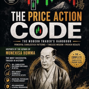 以下が含まれることがあります： 「The Price Action Code」というタイトルのブックカバー。本間宗久の肖像画、富士山のグラフィック、赤と緑のローソク足チャートが描かれています。テキストには「The Modern Trader's Handbook」や様々なトレーディングのトピックが含まれています。