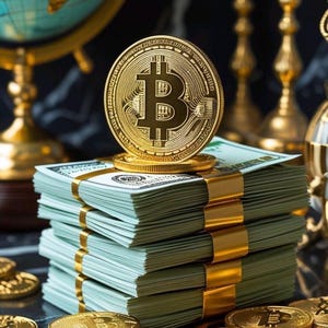 May include: A gold-coloured Bitcoin token rests atop a thick stack of US dollar bills secured with gold-coloured metal bands. Numerous additional gold-coloured Bitcoin tokens are scattered around the base of the stack of currency.