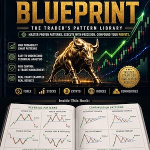 May include: A book titled Chart Blueprint: The Trader's Pattern Library featuring a gold bull statue on the cover. The open pages display technical analysis diagrams including reversal, continuation, and neutral patterns like head and shoulders.