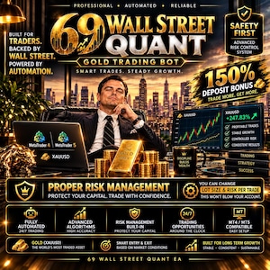 Puede incluir: Un gráfico promocional para el robot de trading de oro 69 Wall Street Quant con una persona en traje, un portátil con logos de MetaTrader, lingotes de oro y un monitor con gráficos XAUUSD. El texto incluye 150% Deposit Bonus y Safety First.