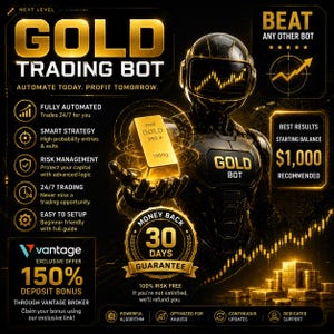 以下が含まれることがあります： 1000gの金塊を持つロボットの姿が描かれたゴールドトレーディングボットのデジタル広告。黒と金のグラフィックには、NEXT LEVEL GOLD TRADING BOT、30 DAYS MONEY BACK GUARANTEE、150%の入金ボーナスオファーなどのテキストが含まれています。
