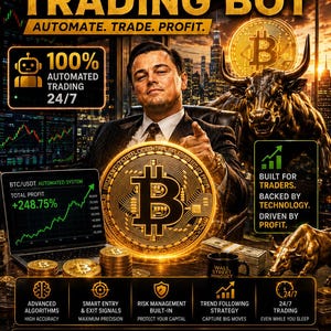 May include: A promotional graphic for a Bitcoin trading bot featuring a man in a suit, a golden bull, and a laptop displaying a 248.75% profit. Text includes "BITCOIN TRADING BOT," "AUTOMATE. TRADE. PROFIT.," and "WALL STREET STRATEGY. AUTOMATED EXECUTION."