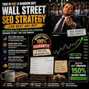 May include: A promotional graphic for a Wall Street SEO strategy featuring a man in a suit pointing forward, a gold bull figurine, a coffee mug labeled Risk Managed Profits Maximized, a stock chart showing XAUUSD growth, and a 100% money back guarantee.